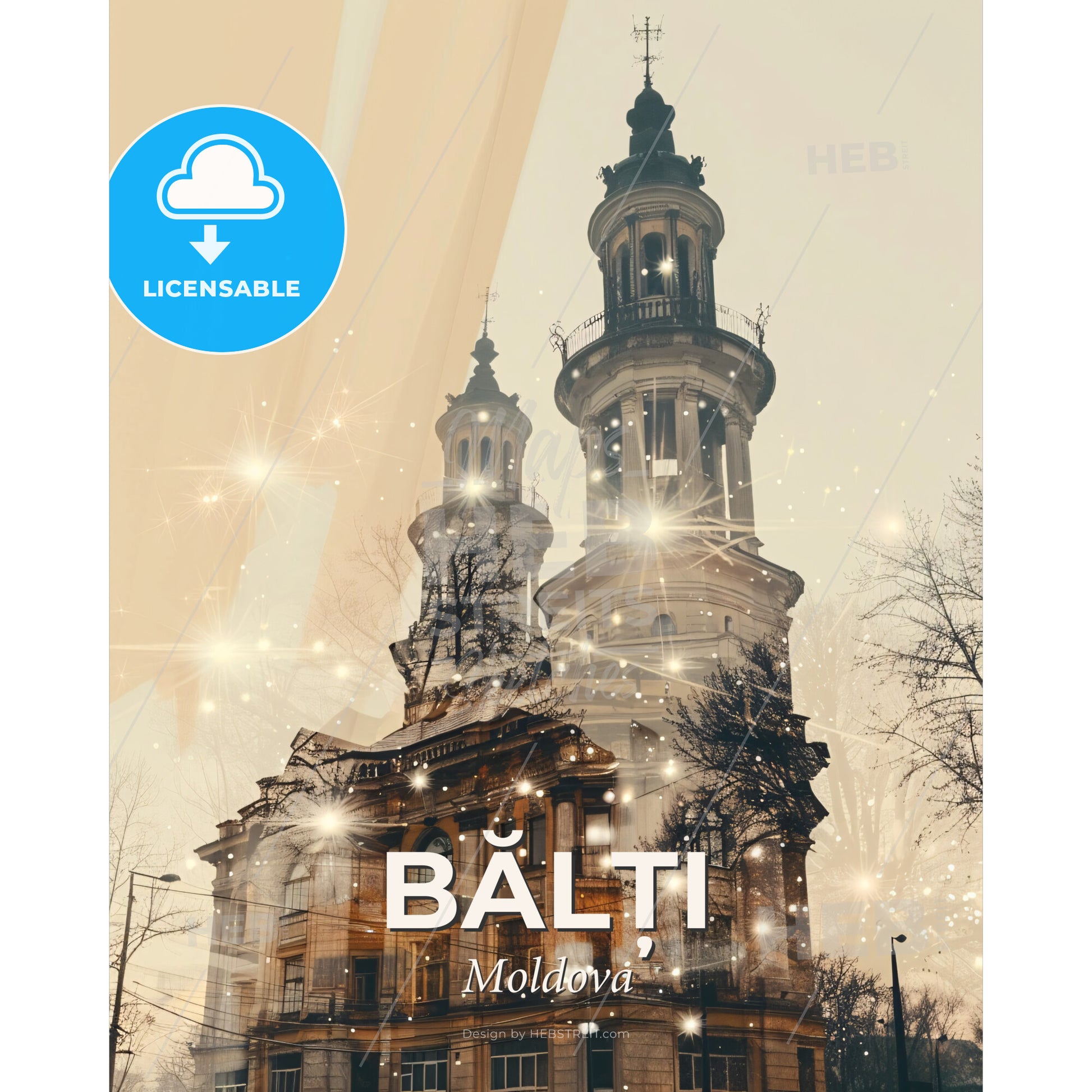 Bălți city architecture skyline poster print - A building with a tower and trees - Square format print template