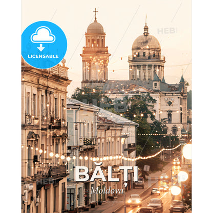 Bălți City Symphony: Moldova's Architectural Tapestry - A street with buildings and lights - Square format print template