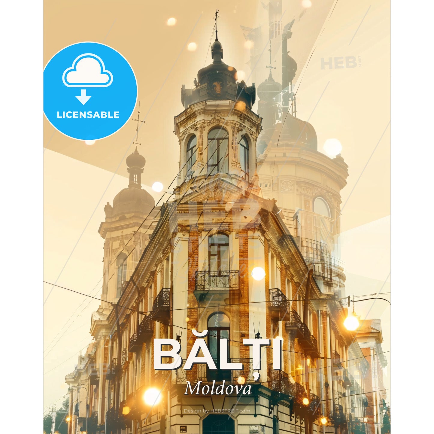 BÄƒlÈ›i Skyline Double Exposure Poster - A building with a tower - Square format print template