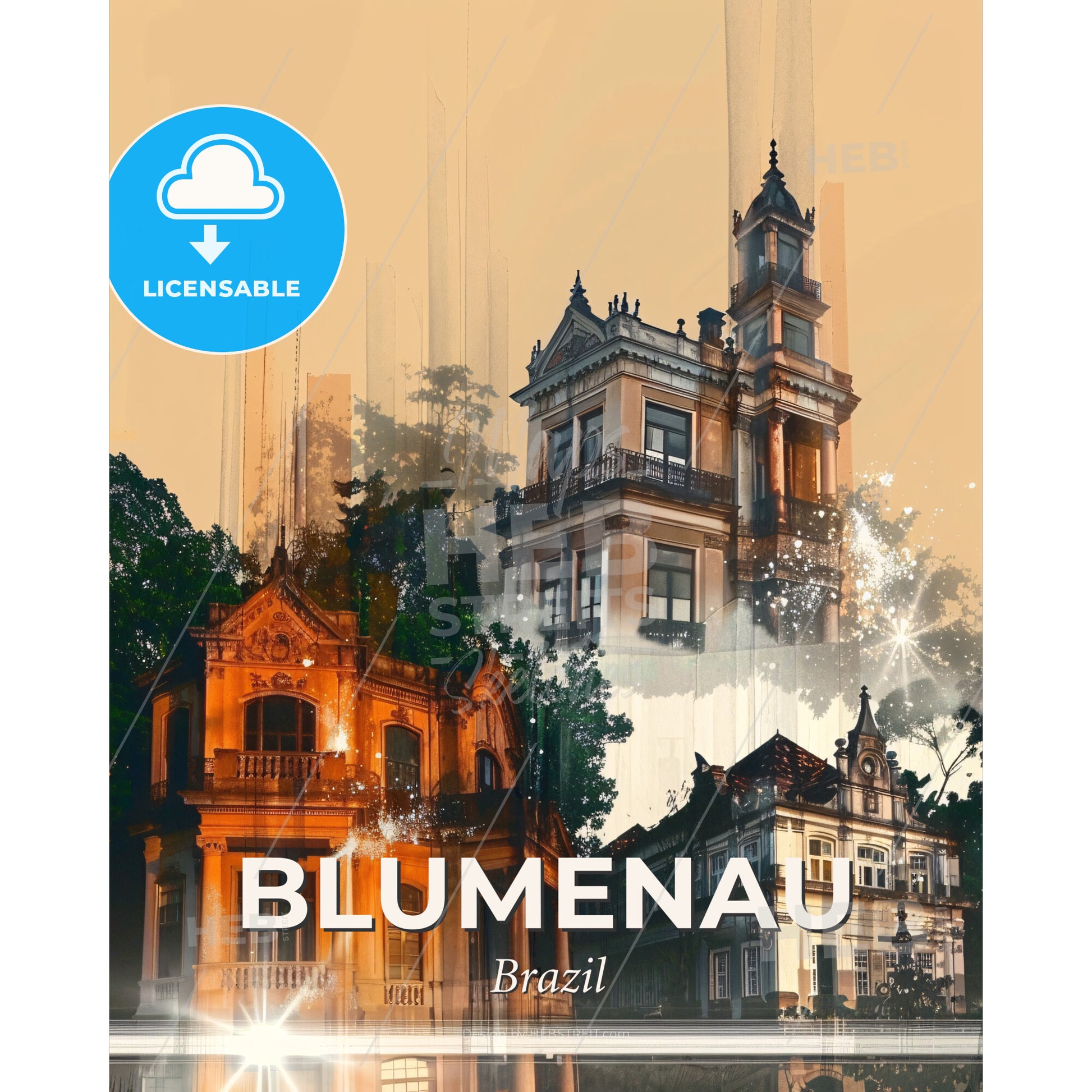 Blumenau Skyline Double Exposure Art Poster - A group of buildings with trees - Square format print template