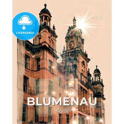 Blumenau City Skyline Double Exposure Art Print - A building with a clock on top - Square format print template