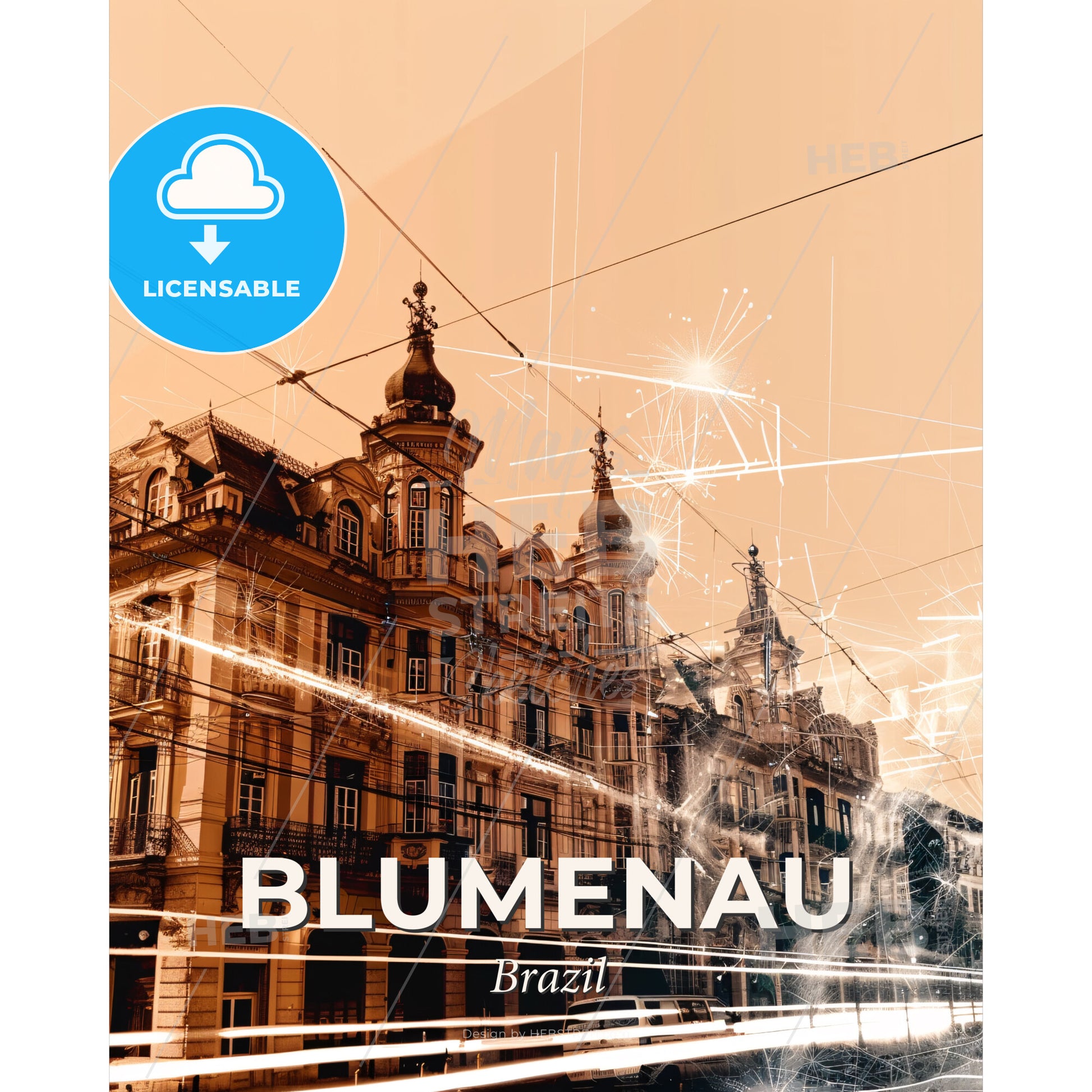 Blumenau City Skyline Poster with Local Architecture - A building with towers and lights - Square format print template