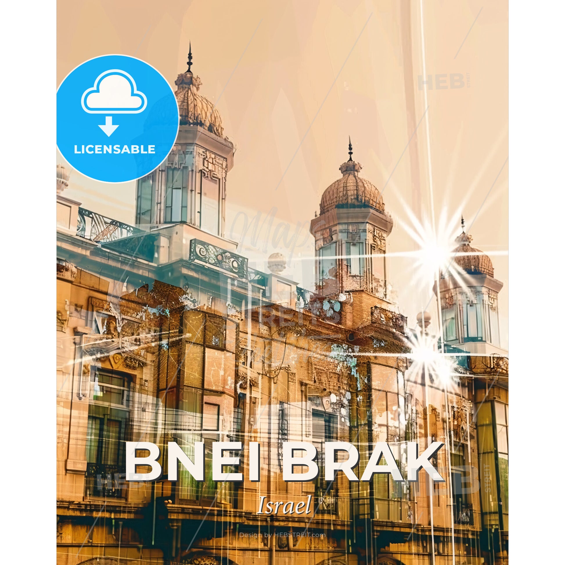 Bnei Brak: Multidimensional Cityscape Poster Art - A building with a few towers - Square format print template