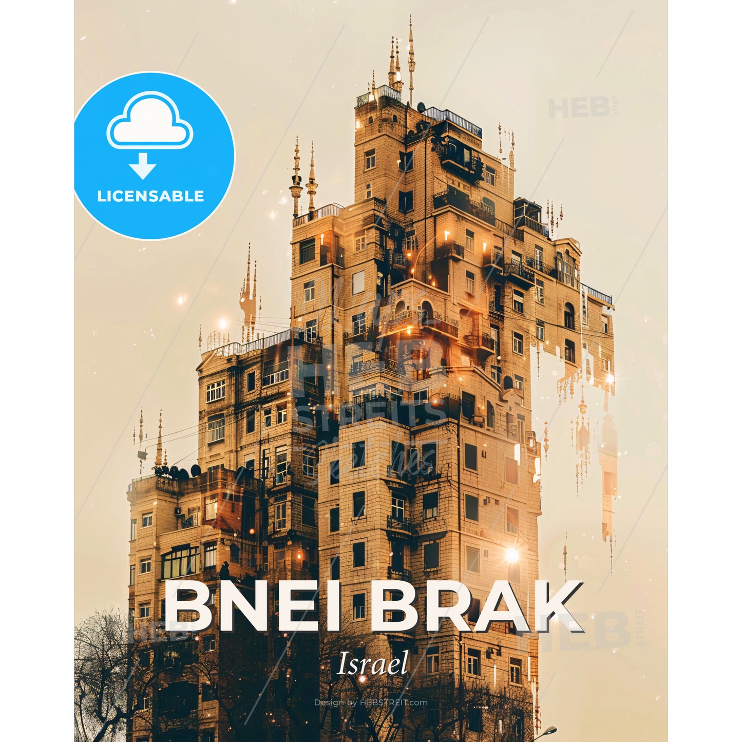 Bnei Brak Skyline Double Exposure Composite Art - A building with many windows - Square format print template