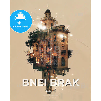 Bnei Brak Skyline Cityscape Art Poster - A building with a tower and a tree on top - Square format print template