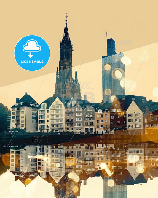 Bochum Skyline Double Exposure Art Poster - A city with a tall tower and a body of water