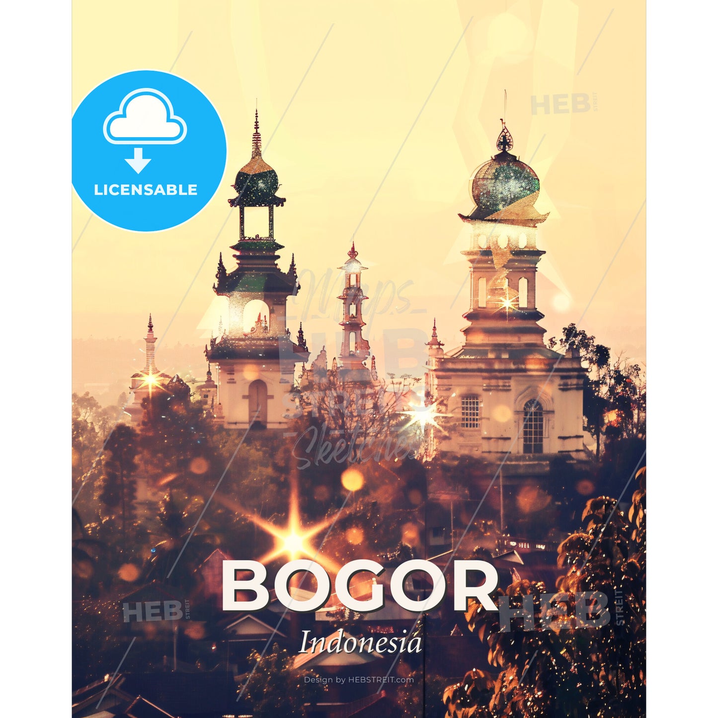 Bogor Skyline Art: Local Icons on Bright Beige - A group of buildings with towers and trees - Square format print template