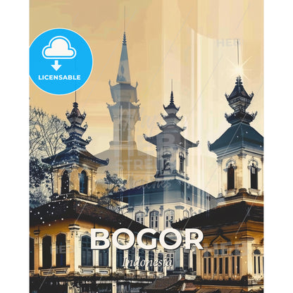 Bogor Skyline Double Exposure Bright Beige Art - A group of buildings with towers - Square format print template