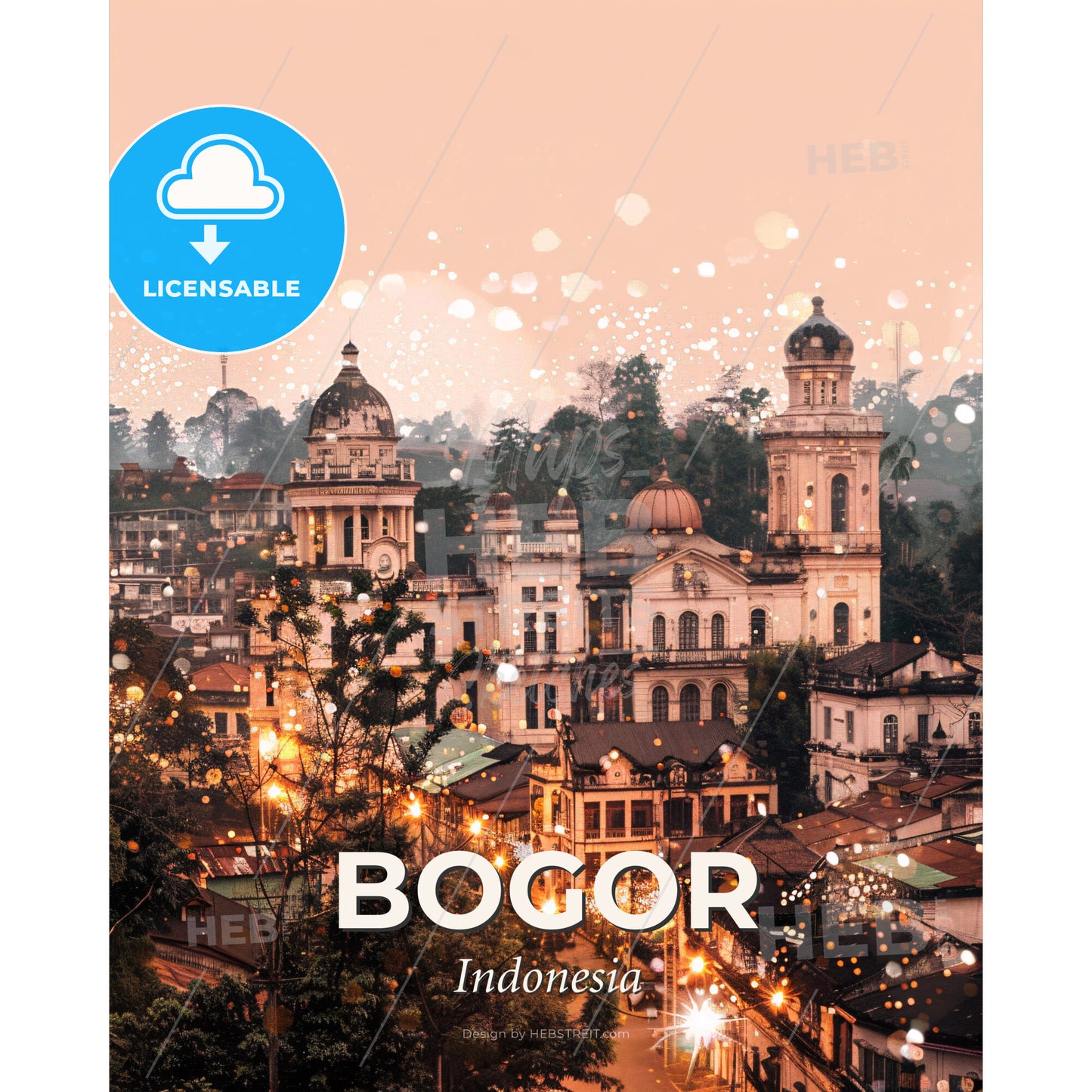 Bogor Skyline Double Exposure Art Bright Beige - A city with many buildings and trees - Square format print template