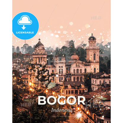 Bogor Skyline Double Exposure Art Bright Beige - A city with many buildings and trees - Square format print template