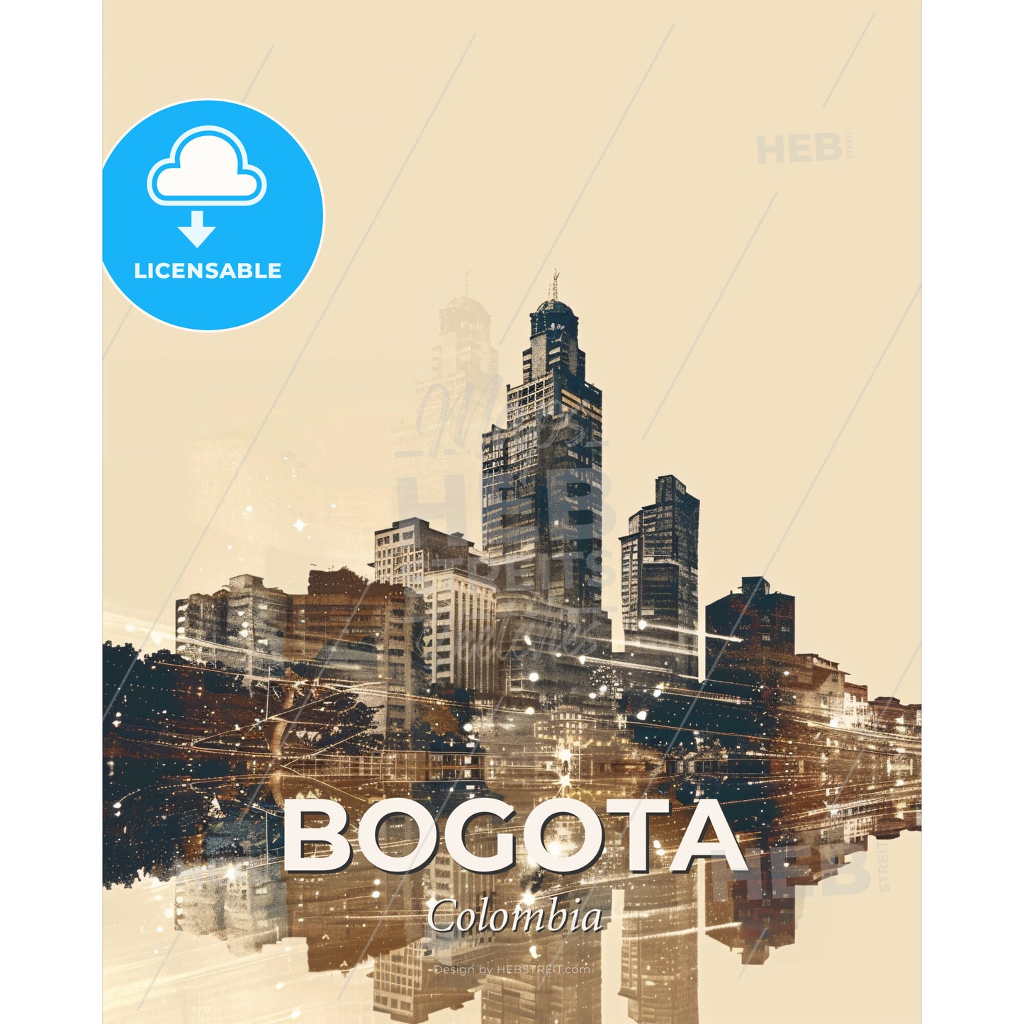 Bogota Double Exposure Art: Skyline Icon Sparkle Paper - A city skyline with many tall buildings - Square format print template