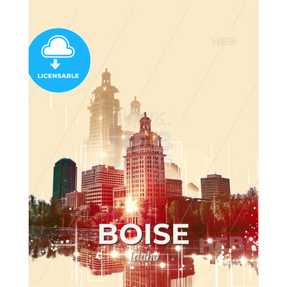 Boise City Skyline Art Deco Poster - A city skyline with trees and buildings - Square format print template