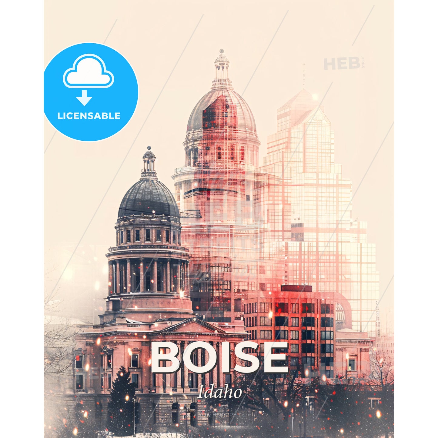 Boise Cityscape Art: Sparkle, Lights, Local Icons - A city skyline with a large building - Square format print template