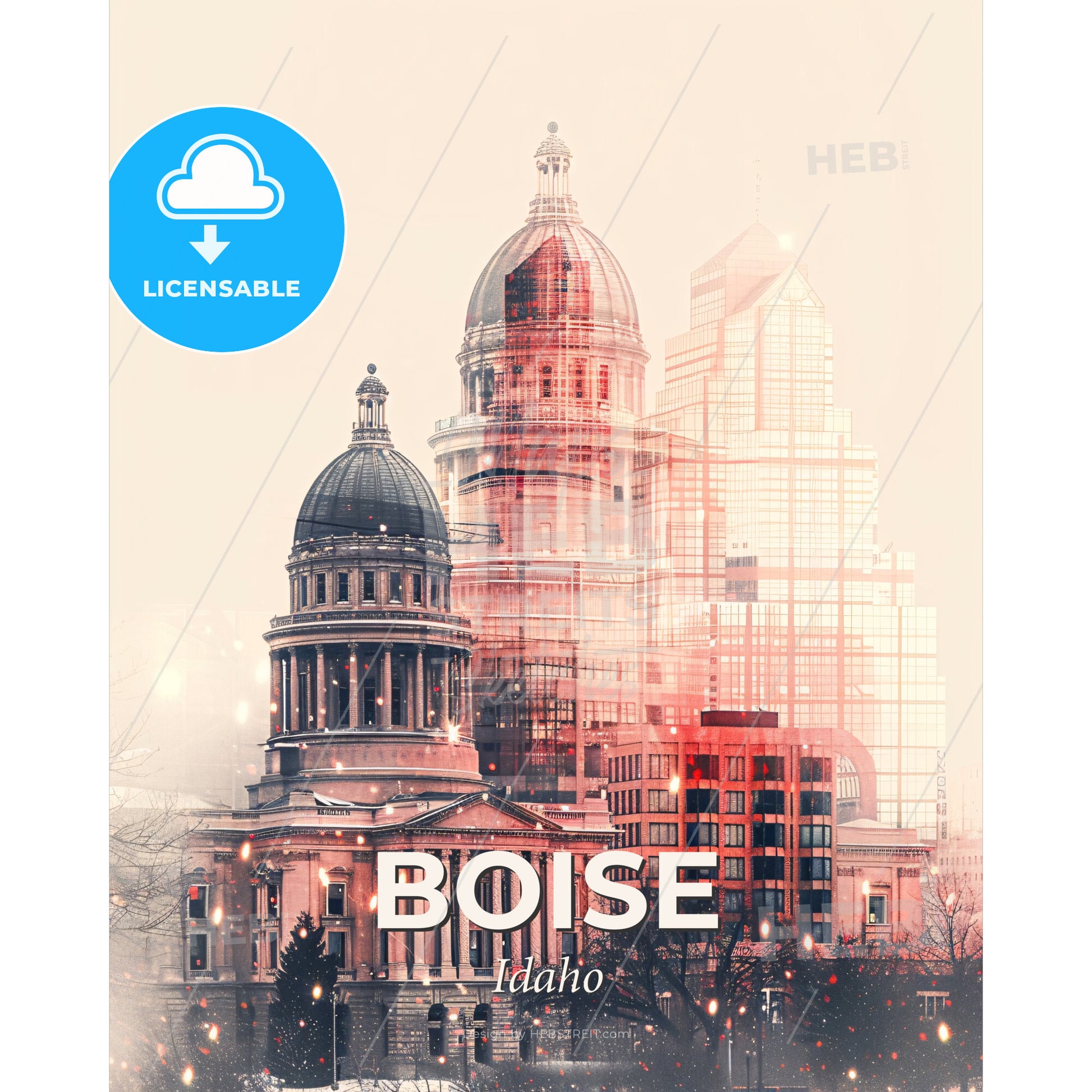 Boise Cityscape Art: Sparkle, Lights, Local Icons - A city skyline with a large building - Square format print template