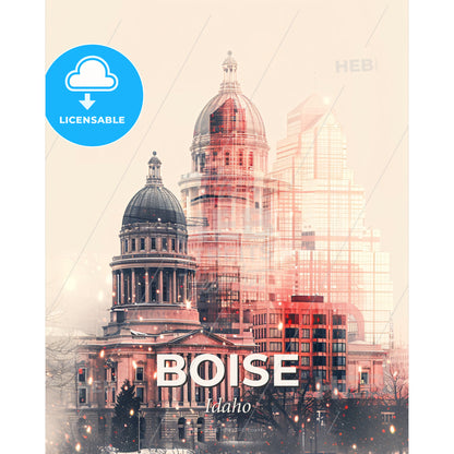 Boise Cityscape Art: Sparkle, Lights, Local Icons - A city skyline with a large building - Square format print template