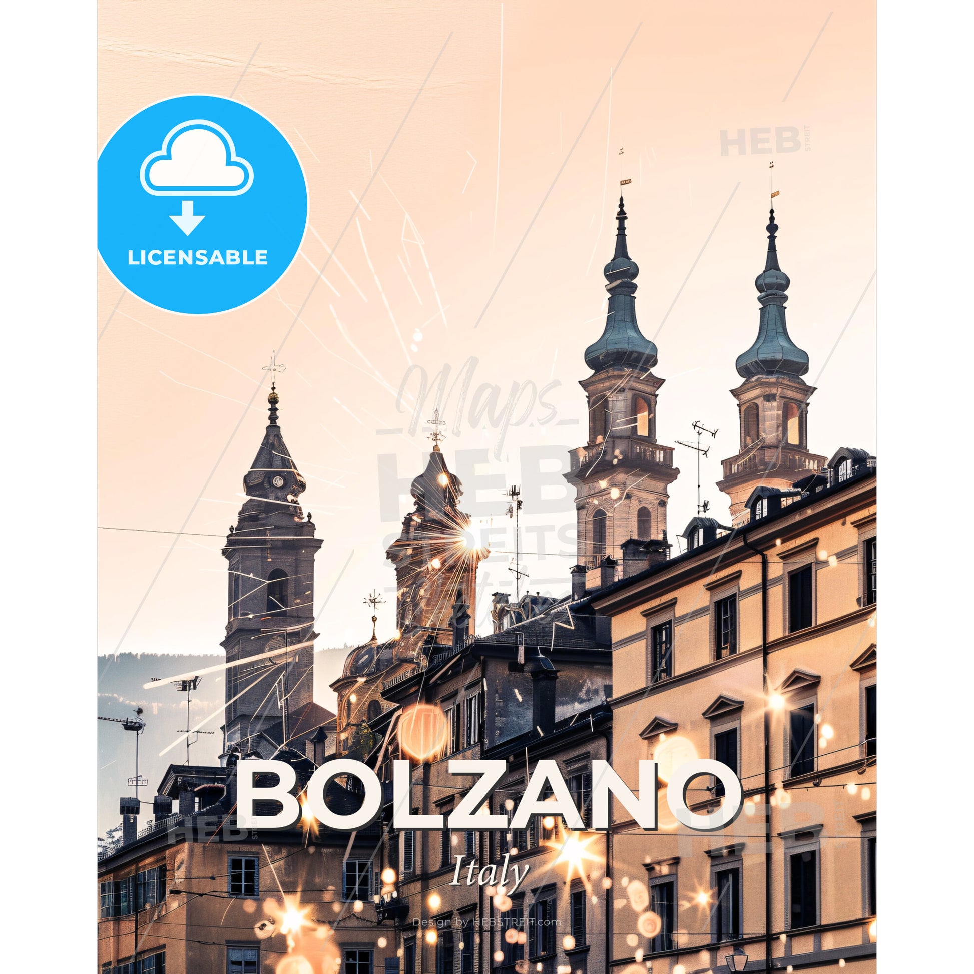 Bolzano Skyline Iconic Architecture Poster Art - A building with towers and fireworks - Square format print template