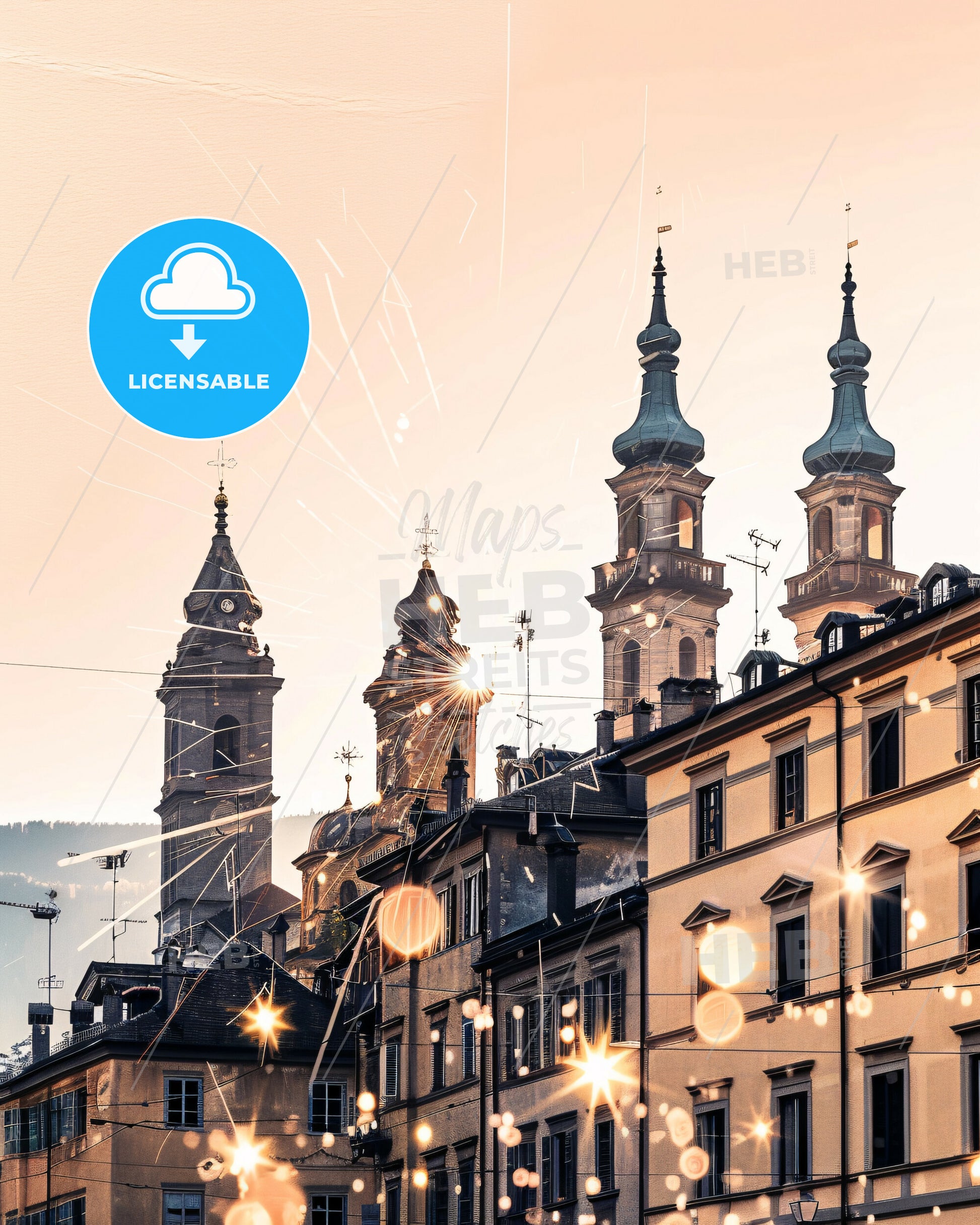 Bolzano Skyline Iconic Architecture Poster Art - A building with towers and fireworks