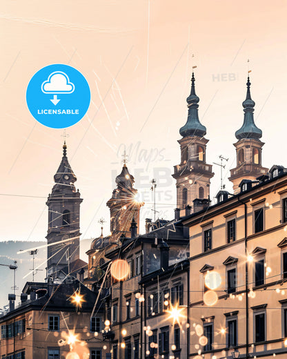 Bolzano Skyline Iconic Architecture Poster Art - A building with towers and fireworks