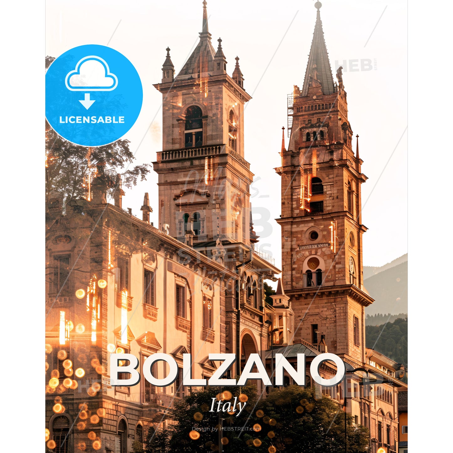 Bolzano Skyline Panorama Composite Art Poster - A building with towers and trees - Square format print template