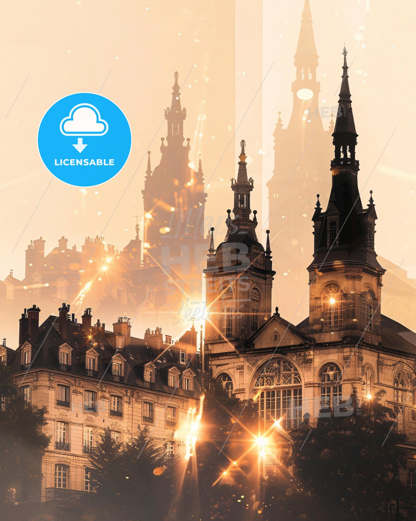 Bordeaux, France: Iconic City Skyline Art Poster - A building with towers and trees