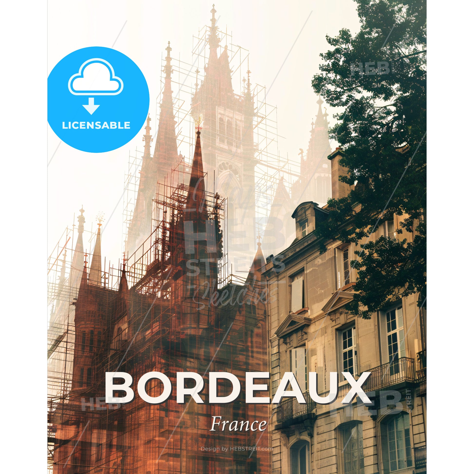 Bordeaux France Iconic Skyline Art Poster - A building with towers and trees - Square format print template