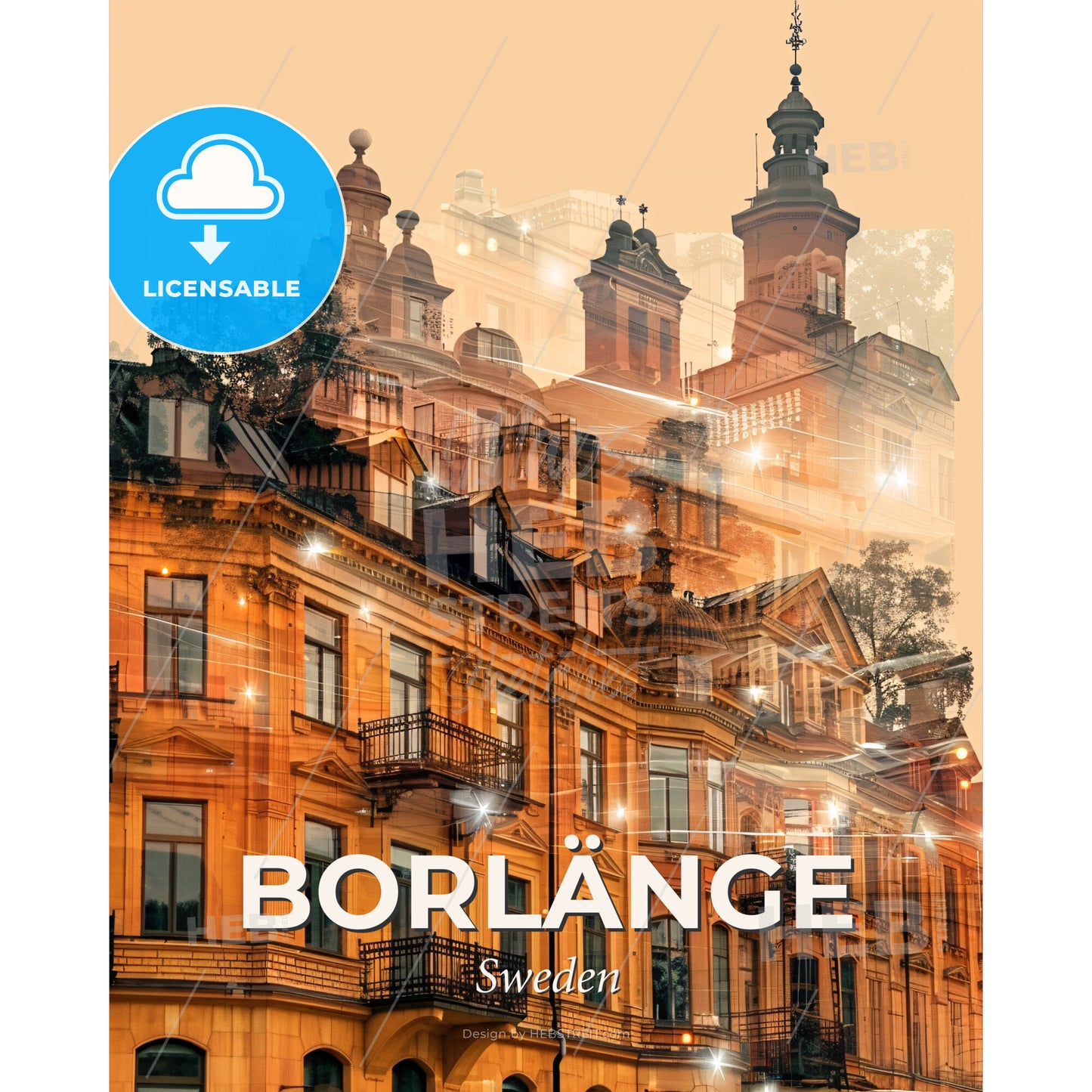 Borlänge City Skyline Architecture Poster - Gutenberg Museum with many windows - Square format print template