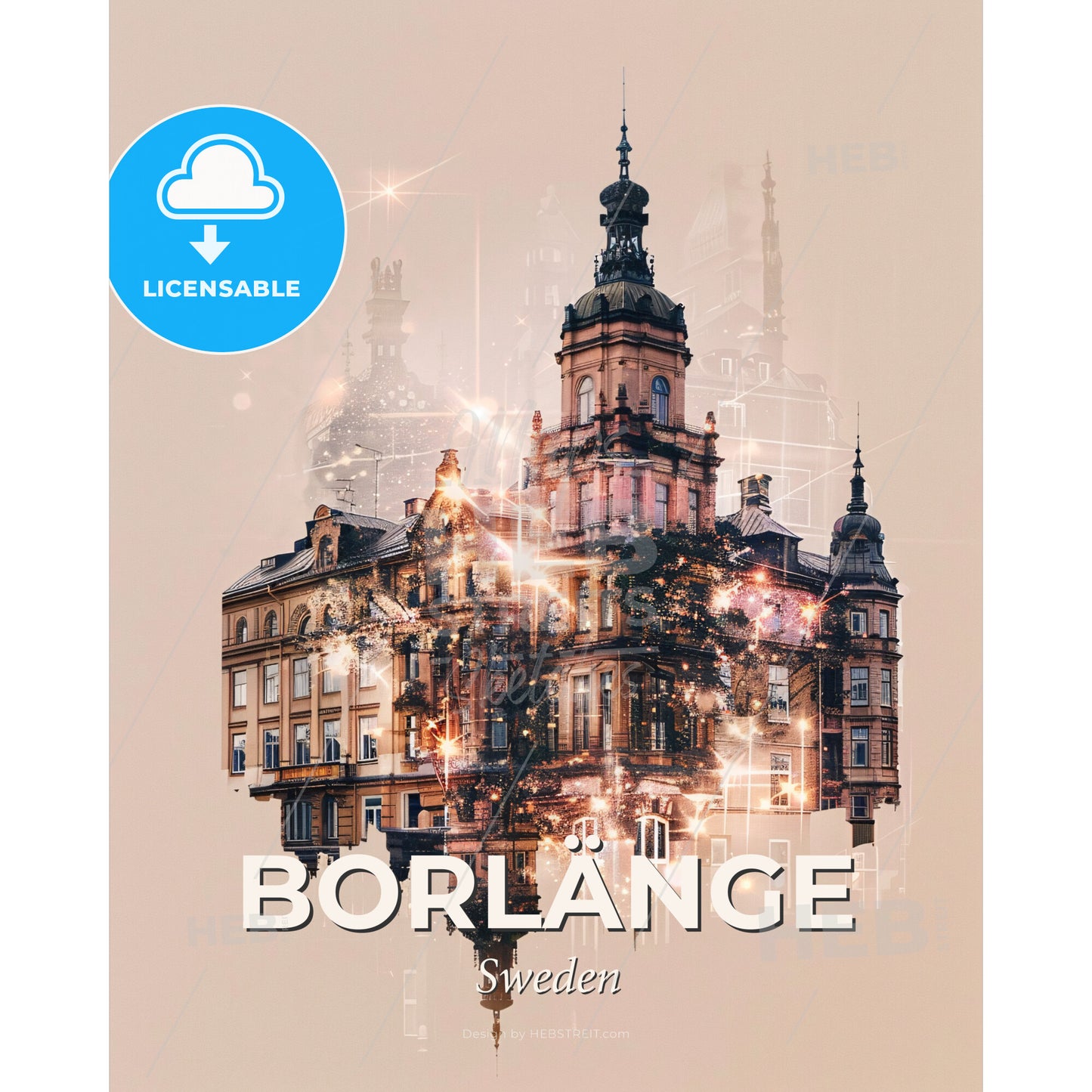 Borlange City Skyline Double Exposure Poster - A building with a tower and a tower - Square format print template
