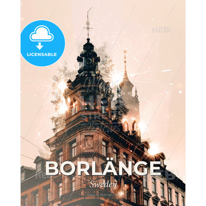 Borlange City Skyline Double Exposure Art Poster - A building with a clock tower - Square format print template