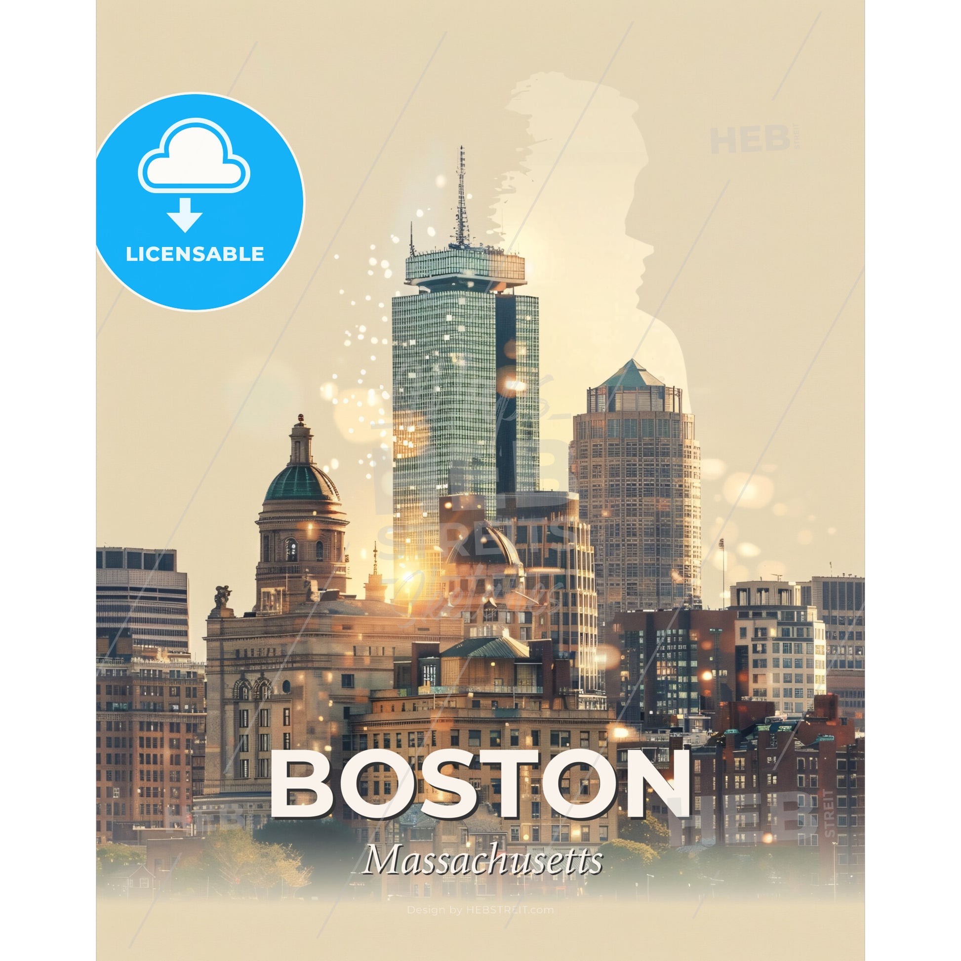 Boston Cityscape Double Exposure Poster - A city skyline with a person's head - Square format print template