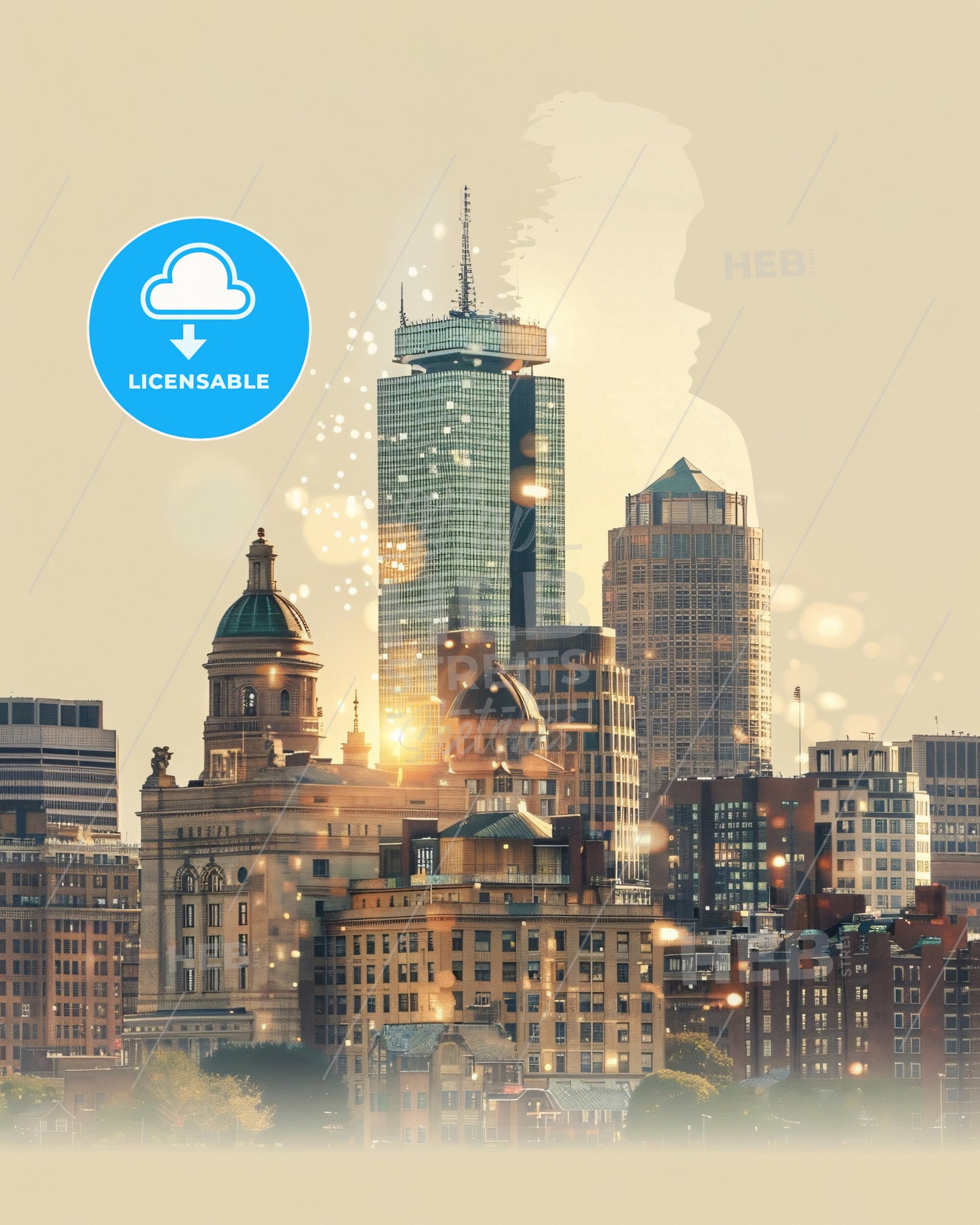 Boston Cityscape Double Exposure Poster - A city skyline with a person's head