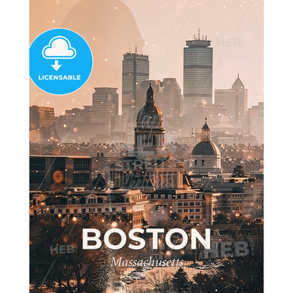 Boston City Skyline Composite Art with Sparkles - A city with a large building - Square format print template