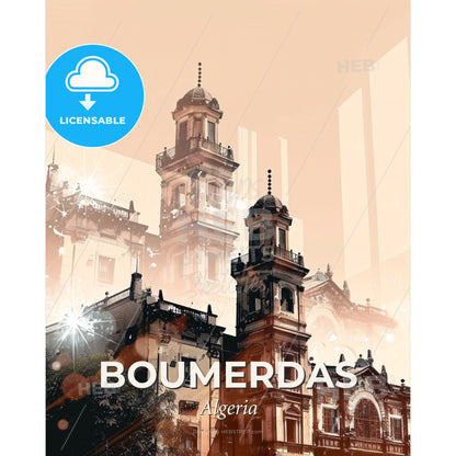 Serene Skyline of Boumerdas - A building with towers and a tree - Square format print template
