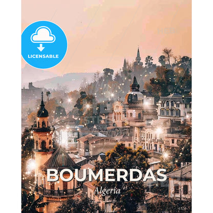 Boumerdas Double Exposure Skyline Vibrant Art Poster - A city with many buildings and trees - Square format print template