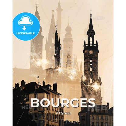 Bourges Skyline Composite Art Double Exposure - A group of buildings with a clock tower and fireworks - Square format print template
