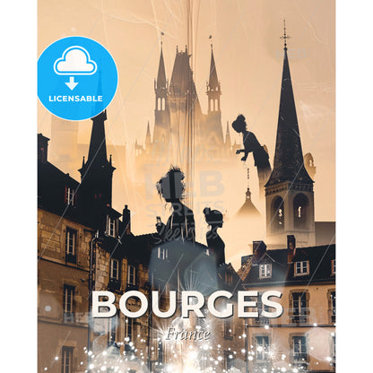 Bourges Skyline Double Exposure Silhouette Artwork - A group of people standing in front of a castle - Square format print template