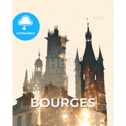 Bourges Skyline Double Exposure Silhouette Poster Design - A building with towers and lights - Square format print template