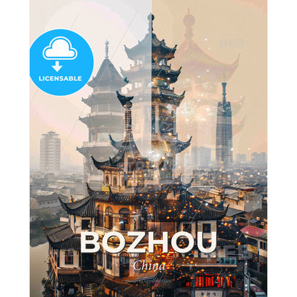Bozhou Skyline Composite Art, Bright Beige - A double exposure of a city - Square format print template