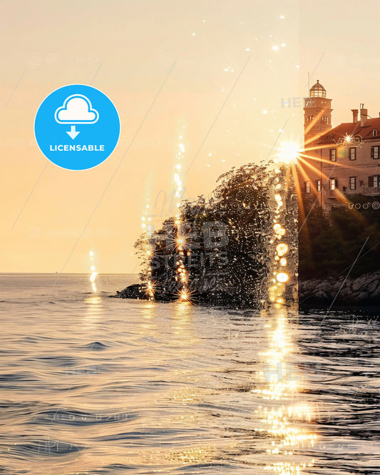 Brac Croatia Skyline Landmarks Poster Design - A water with a building and trees in the foreground