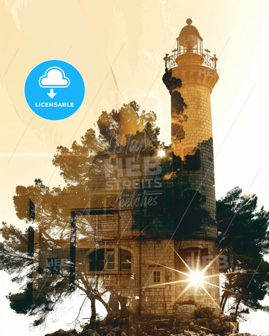 Brac Croatia: Skyline Double Exposure Art Poster - A light house with a tower