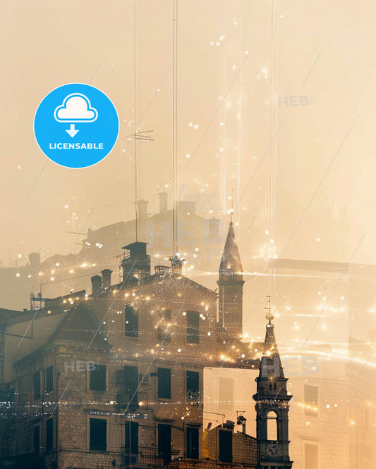 BraÄ  double exposure skyline poster art - A building with a tower and a tower