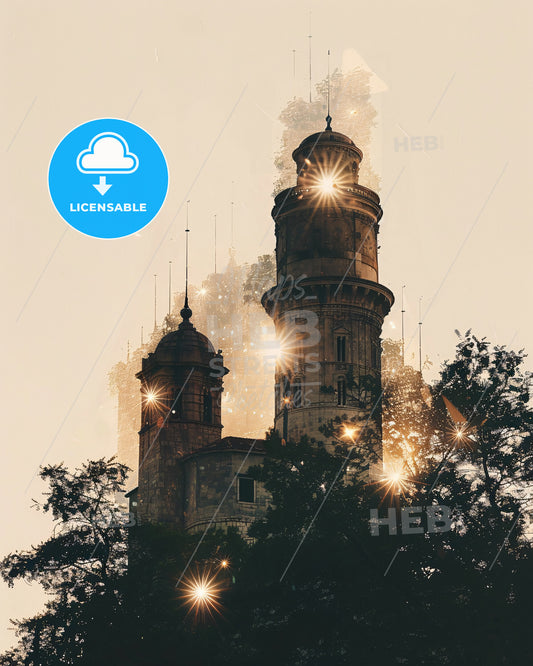 Vibrant Brac Island Skyline Composite Art Poster - A building with a tower and trees