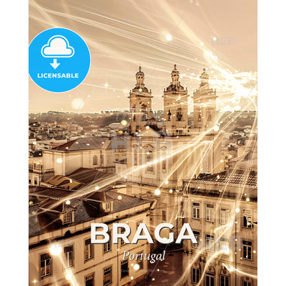 Braga City Skyline Double Exposure Artistic Poster - A city with many lights - Square format print template