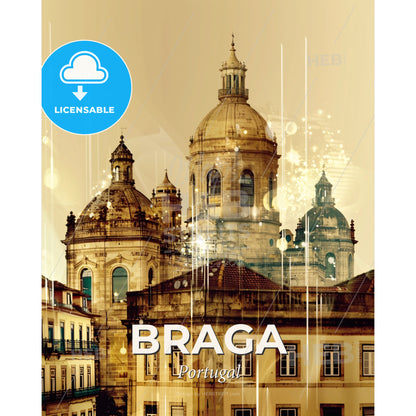 Braga City Skyline Double Exposure Bright Beige - A building with domes and a dome shaped roof - Square format print template