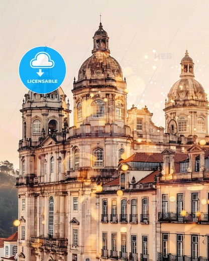 Braganca Portugal Double Exposure Cityscape - A large building with many windows