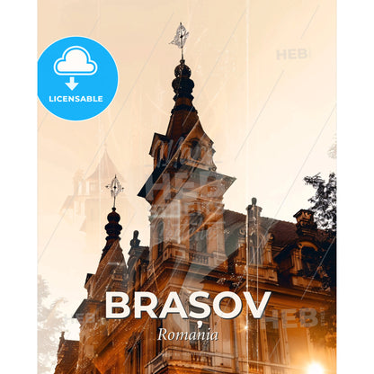 Brasov Romania City Skyline Iconic Architecture Poster - A building with a cross on top - Square format print template