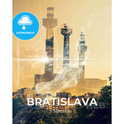 Bratislava City Lights Skyline Bright Artwork - A city with tall towers and a foot - Square format print template