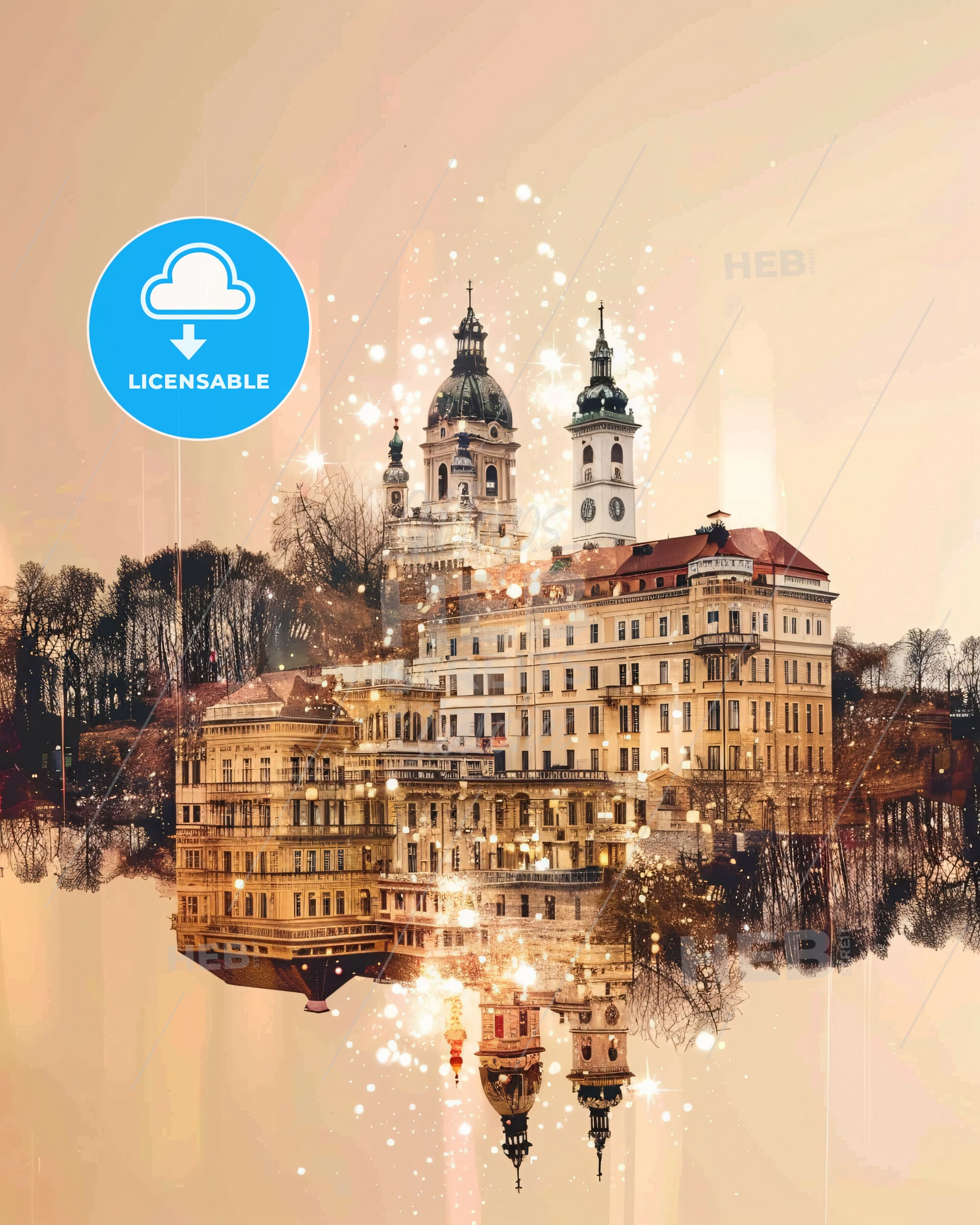 Bratislava Double Exposure Cityscape Poster - A building with towers and trees in the water