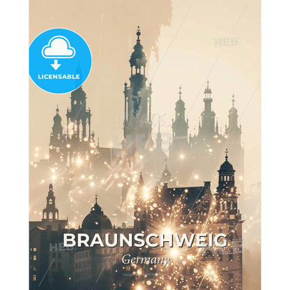 Braunschweig city skyline double exposure composite art print - Fireworks in the sky over a city - Square format print template