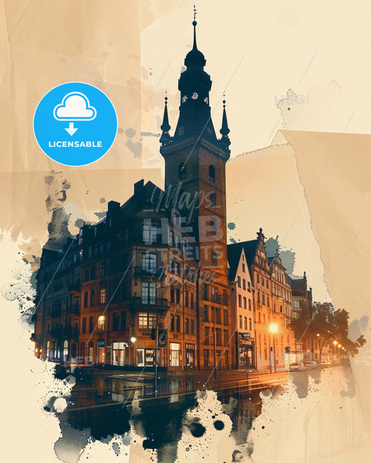 Braunschweig Skyline Art Deco German Cityscaped Silhouettes Poster - A building with a tower