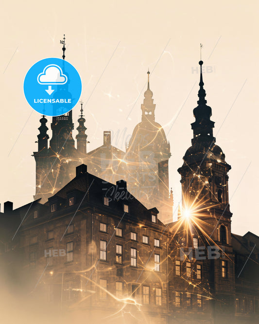 Braunschweig Skyline Minimalist Cityscape Poster - A building with towers and a light shining through it